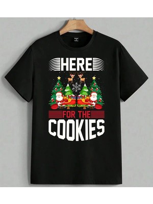 Noel Baba Krismas Cocuklari Baskılı Unisex Erkek Kadın Oversize Tişört Siyah