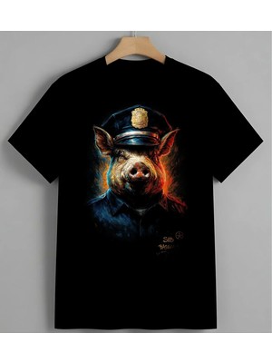 Polis Kopek Ilustrasyon Renkli Unisex Erkek Kadın Oversize Tişört Siyah