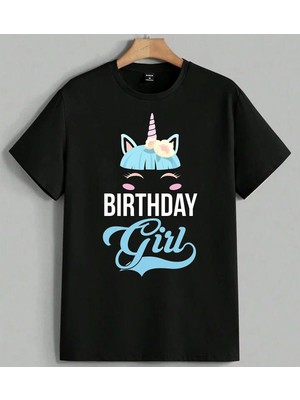 Unicorn Girl Pembe Boynuz Baskılı Unisex Erkek Kadın Oversize Tişört Siyah