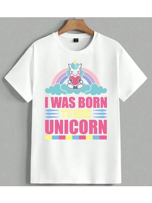 Unicorn Buyuleme Gokseli Unisex Oversize Tişört Beyaz