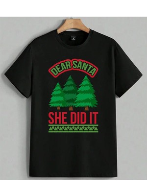 Dear Santa Yesil Agac Noil Baskılı Unisex Erkek Kadın Oversize Tişört Siyah