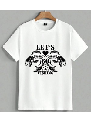 Lets Fishing Balik Deseni Unisex Oversize Tişört Beyaz