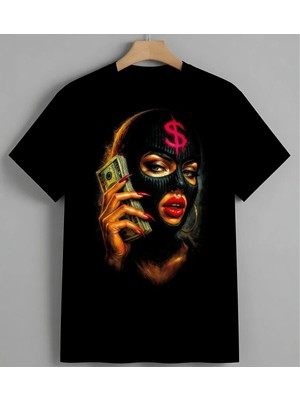 Para Takintisi Dolar Sembol Unisex Erkek Kadın Oversize Tişört Siyah