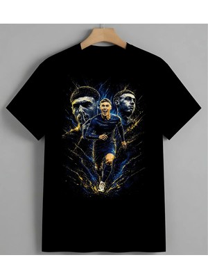 Futbolcu Sanat Mavi Sari Splas Syh Unisex Erkek Kadın Oversize Tişört Siyah