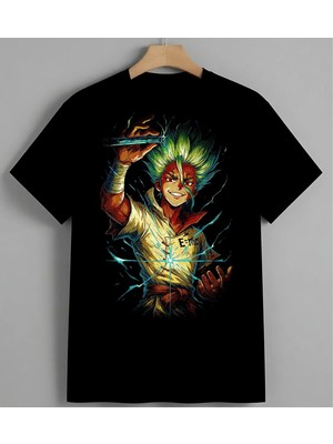 Anime Kahraman Renkli Enerji Baskılı Unisex Erkek Kadın Oversize Tişört Siyah