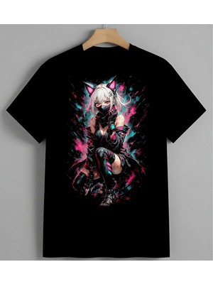 Anime Kiz Pembe Turkuaz Baskılı Unisex Erkek Kadın Oversize Tişört Siyah