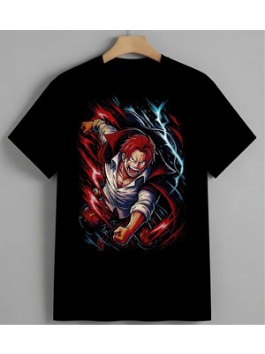 Anime Karakter Dinamik Enerji Baskılı Unisex Erkek Kadın Oversize Tişört Siyah