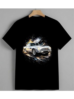 Klasik Araba Sulu Boya Sanat Unisex Erkek Kadın Oversize Tişört Siyah