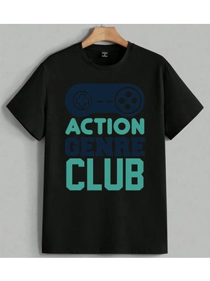Action Genre Oyun Kulub Baskılı Unisex Erkek Kadın Oversize Tişört Siyah