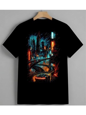 Sehir Gokdelen Neon Isiklar Baskılı Unisex Erkek Kadın Oversize Tişört Siyah