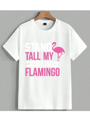 Pembe Flamingo Tall My Baski Unisex Oversize Tişört Beyaz