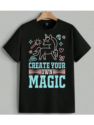 Unicorn Magic Create Your Own Baskılı Unisex Erkek Kadın Oversize Tişört Siyah