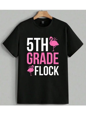 Grade Flamingo Pembe Logo Baskılı Unisex Erkek Kadın Oversize Tişört Siyah