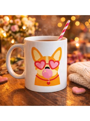 Ny Joy Sevimli Corgi Desenli Porselen Kupa Model 44 – Kalpli Gözlüklü Köpek Tasarımlı, Eğlenceli &