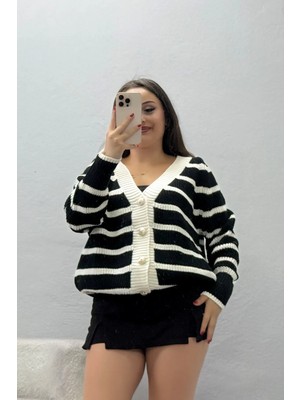 Belendir Kadın Çizgili Hırka Siyahekru