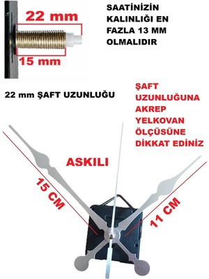 St. Morritz 22 mm Şaft Boyu Duvar Saati Mekanizması Sessiz Çalışır Büyük Boy Akrep-Yelkovan-Saniye-(Askılı)