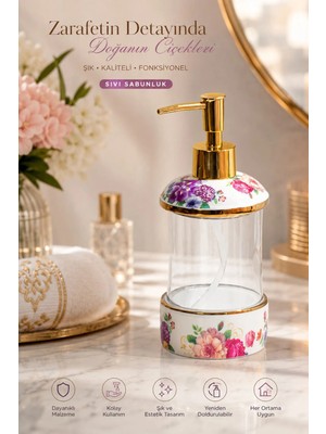 3127 Gold Kapaklı Porselen ve Cam Sıvı Sabunluk – Çiçek Desenli ve Şeffaf Tasarım 350 ml
