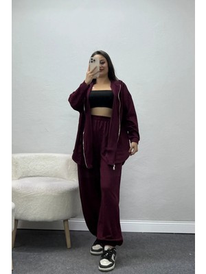 Belendir Kadın Modal Kapşonlu Fermuarlı Oversize Ikili Takım Bordo