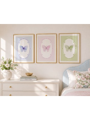 Luxor Pixels (Çerçevesiz) Pastel Tonlarda 3lü Kelebek Poster Seti