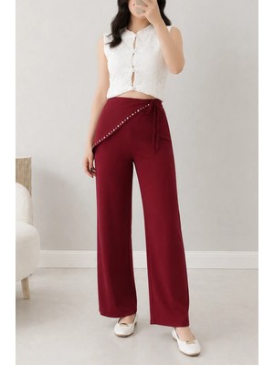 Belendir Kadın Fular ve Taş Detaylı Keten Pantolon Bordo
