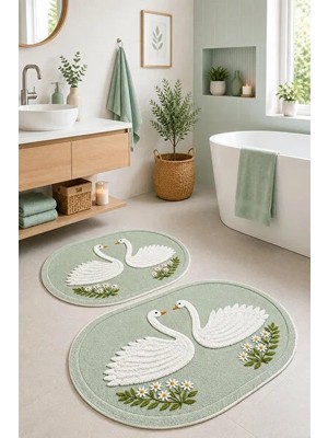 CATEKSSS Kalın Dijital Kaymaz Yıkanabilir Kutu Desenli Ikili Yeşil Oval Banyo Paspası Banyo Halısı Banyo Dekorasyon