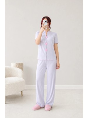 Belendir Kadın Ribana Aksesuarlı Pijama Takımı Gri