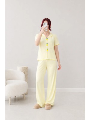 Belendir Kadın Ribana Aksesuarlı Pijama Takımı Sarı