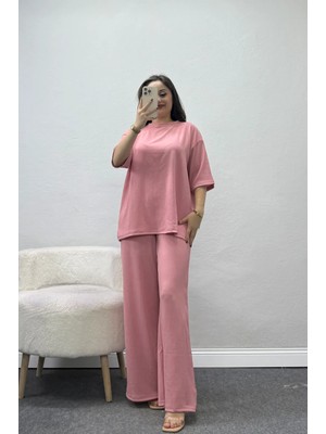 Belendir Kadın Bisiklet Yaka Oversize Bürümcük Takım Pembe