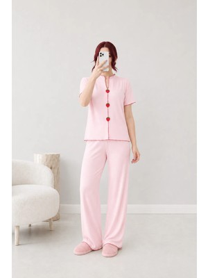 Belendir Kadın Ribana Aksesuarlı Pijama Takımı Pembe