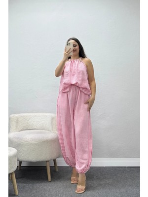 Belendir Kadın Keten Şalvarlı Takım Pembe