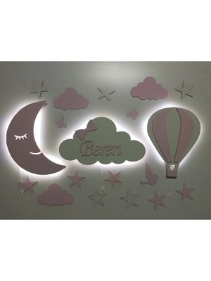 St. Morritz Çocuk Odası Dekoratif Ahşap Ay Bulut Balon Gece Lambası Ledli Aydınlatma
