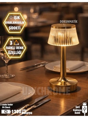 St. Morritz 3 Işık Renkli Şarjlı Masa Lambası Dim Edilebilir Gold Metal Görünümlü Gece Lambası