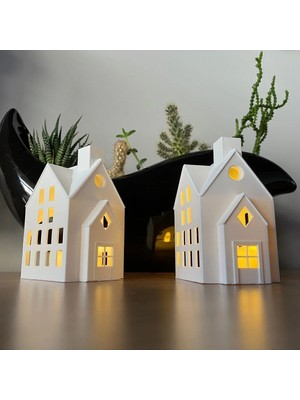 St. Morritz Kış Evleri 2'li Set Dekoratif Noel Evleri Tealight Mumluk