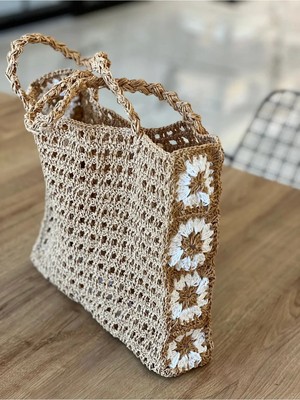 Cotton Crafty Kağıt Ip File Desen Çiçek Motifli Hasır Çanta Plaj Çanta Omuz Çanta
