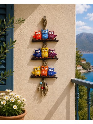 Yedirenk Hediyelik Eşya Üçlü Baykuş Polyester Turkuaz 3 Lü Baykuş Nazar Boncuklu Askılı Bahçe Balkon Duvar Dekorasyon