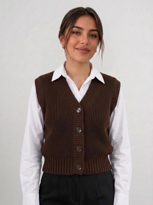Bulut Teks Kahve Kadın Triko Yelek –suveter Model Esnek Kışlık Kısa Model, Şık ve Modern Duruş