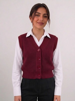 Bulut Teks Bordo Kadın Triko Yelek –suveter Model Esnek Kışlık Kısa Model, Şık ve Modern Duruş