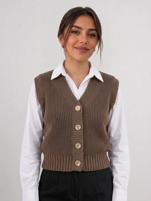Bulut Teks (Koyu Bej)Kadın Triko Yelek –suveter Model Esnek Kışlık Kısa Model, Şık ve Modern Duruş