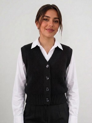 Bulut Teks Siyah Kadın Triko Yelek –suveter Model Esnek Kışlık Kısa Model, Şık ve Modern Duruş