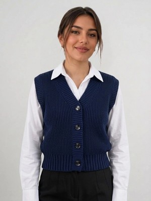 Bulut Teks Lacivert Kadın Triko Yelek –suveter Model Esnek Kışlık Kısa Model, Şık ve Modern Duruş
