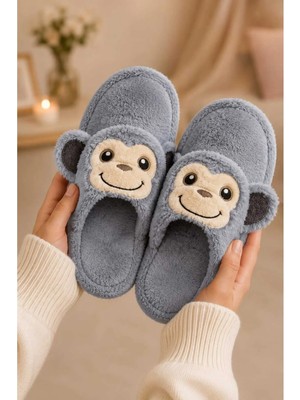 Nmoda Kadın Peluş Ev Terliği Sevimli Maymun Desenli Kışlık Sıcak Tutan Kapalı Burun Yumuşak Tabanlı Panduf