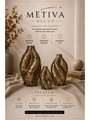 Dekoratif 3'lü Gold Seramik Vazo Seti Lüks Siyah Benekli (10-15-20 Cm) - Salon ve Masa Üstü Hediyelik Vazo