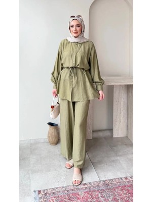 Miraydin Butik Kadın Belden Bağlamalı Tunik Pantolon Takım M6034 - Yeşil