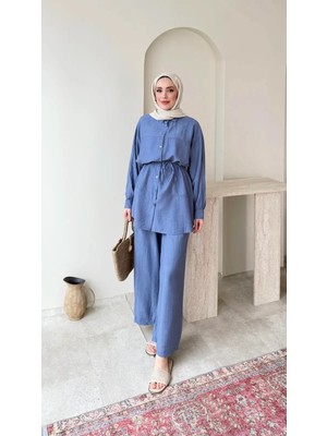 Miraydin Butik Kadın Belden Bağlamalı Tunik Pantolon Takım M6034 - Mavi