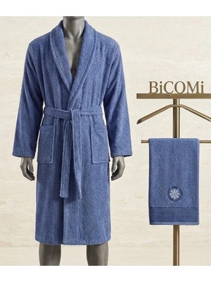 Biçomi Ultra Emici & Nefes Alan %100 Doğal Pamuk Erkek Banyo Bornoz & Havlu Takımı (Lacivert)