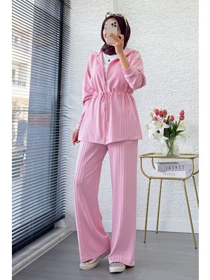Miraydin Butik Kadın Premium Bel Büzgülü Nervürlü Detay Double Face Pantolon Takım - Pembe