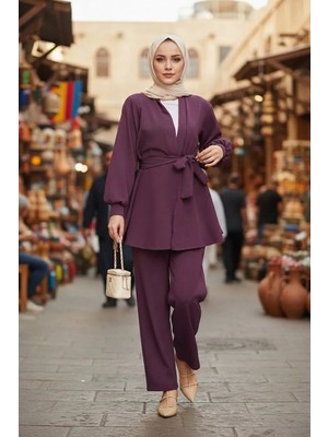 Stil Kuşağı Kadın Mürdüm Tunik Pantolon İkili Takım