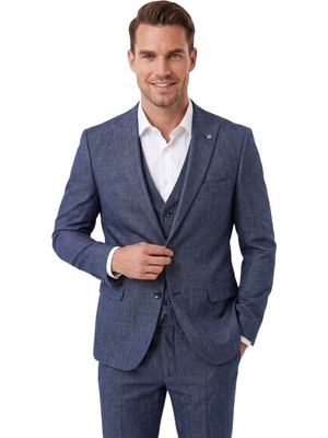 RizzUP Lacivert 3 Parça Slim Fit Yelekli Erkek Takım Elbise – Çift Yırtmaçlı Modern Kesim 2601631