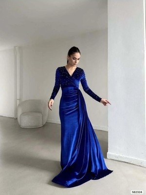 Semel Kadın Şık Model V Yaka Uzun Kol Balık Kesim Abiye Elbise