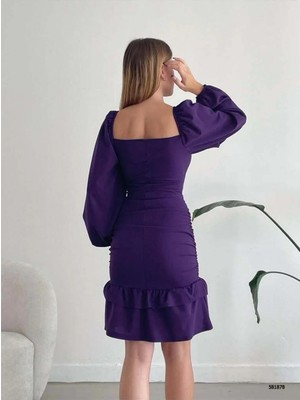 Semel Kadın Şık Model Kare Yaka Uzun Kol Elbise